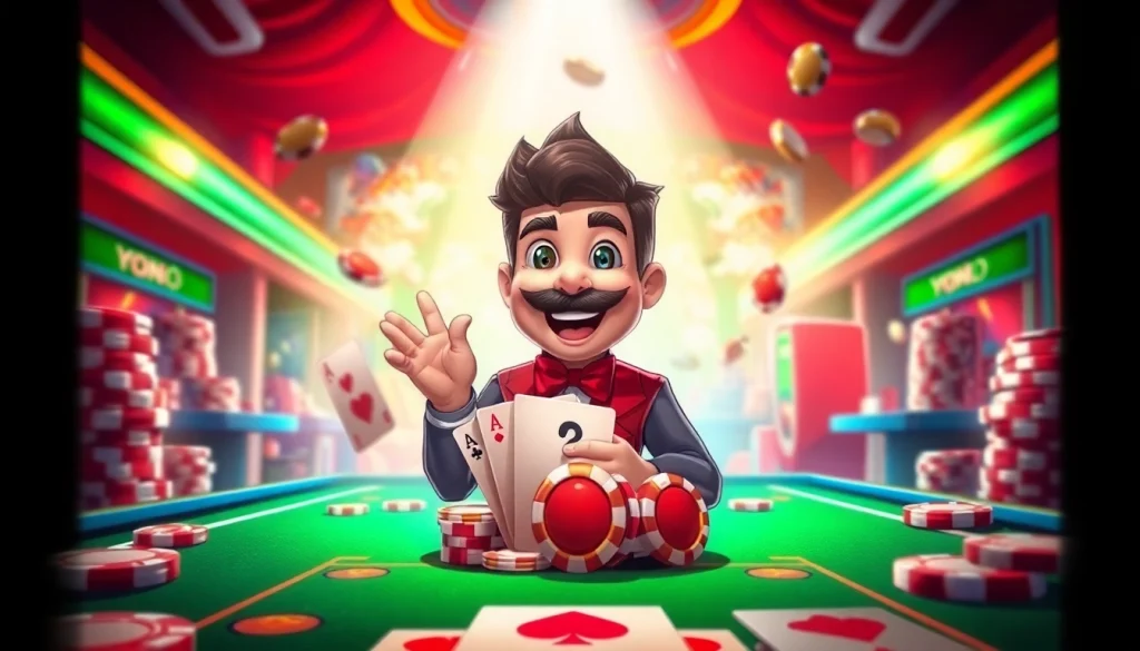 Discover exciting features of All Yono gaming interface in a colorful casino-style setting.
