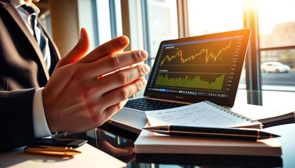 Trader reviewing XAUUSD SIGNALS on a laptop with market charts in a modern office.